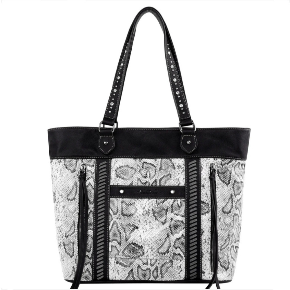 Black and White Snake SkinTote Bag with Studded Handles